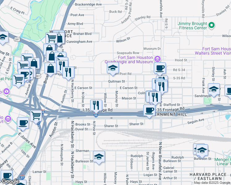 map of restaurants, bars, coffee shops, grocery stores, and more near 529 Mason Street in San Antonio