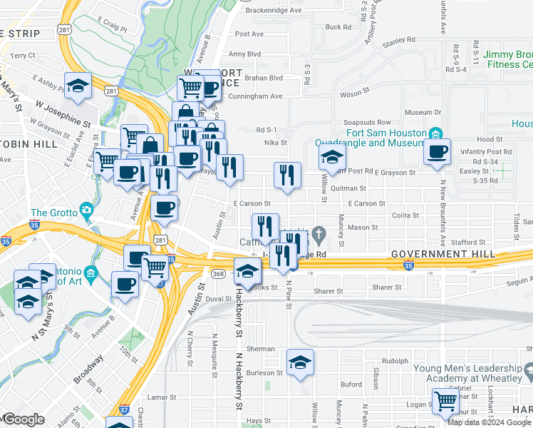map of restaurants, bars, coffee shops, grocery stores, and more near 1703 North Olive Street in San Antonio