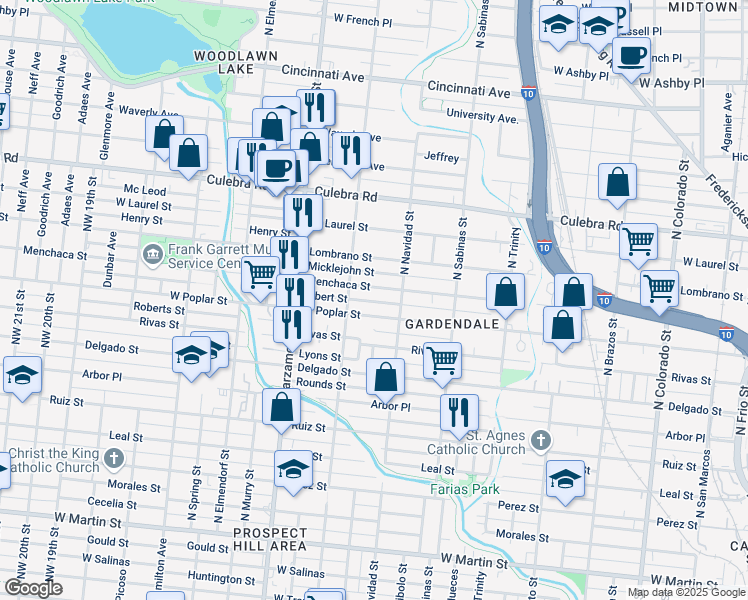 map of restaurants, bars, coffee shops, grocery stores, and more near 1915 West Poplar Street in San Antonio