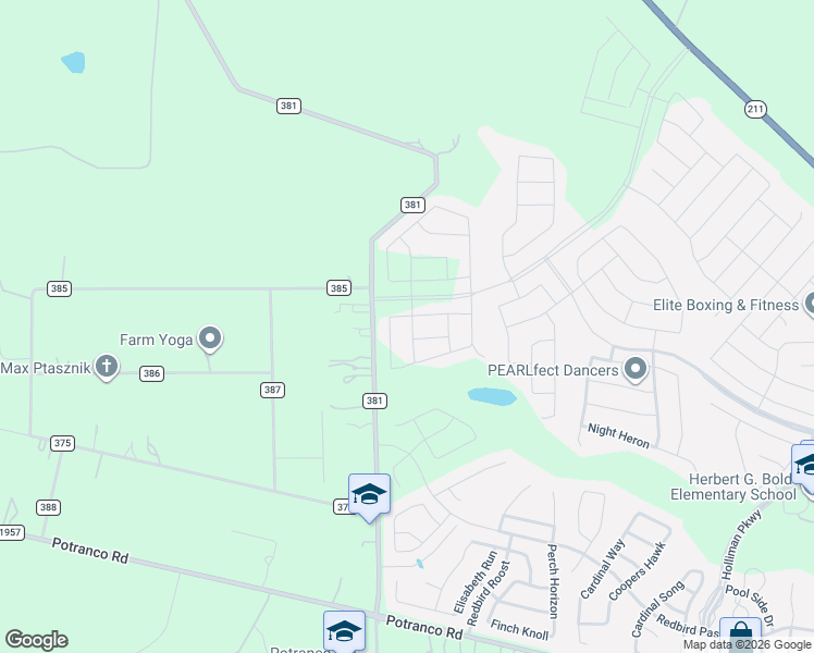 map of restaurants, bars, coffee shops, grocery stores, and more near County Road 381 in San Antonio