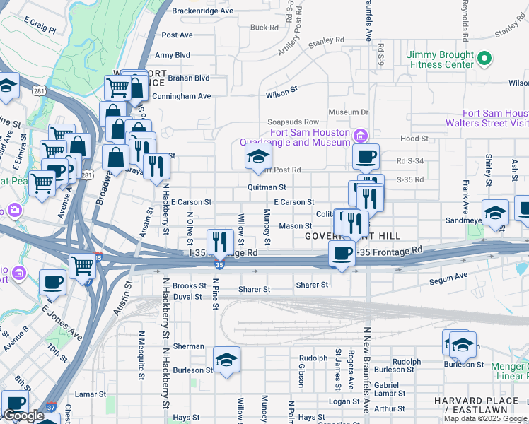 map of restaurants, bars, coffee shops, grocery stores, and more near 529 Mason Street in San Antonio