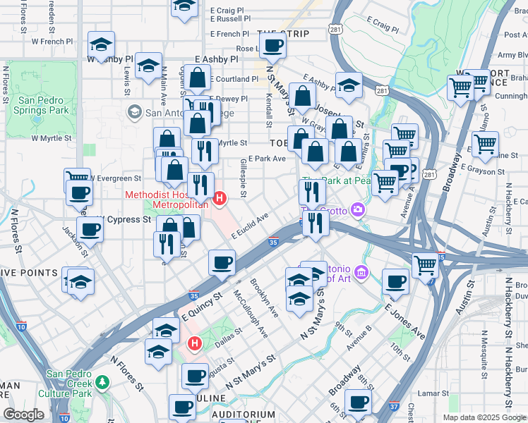 map of restaurants, bars, coffee shops, grocery stores, and more near 623 East Euclid Avenue in San Antonio