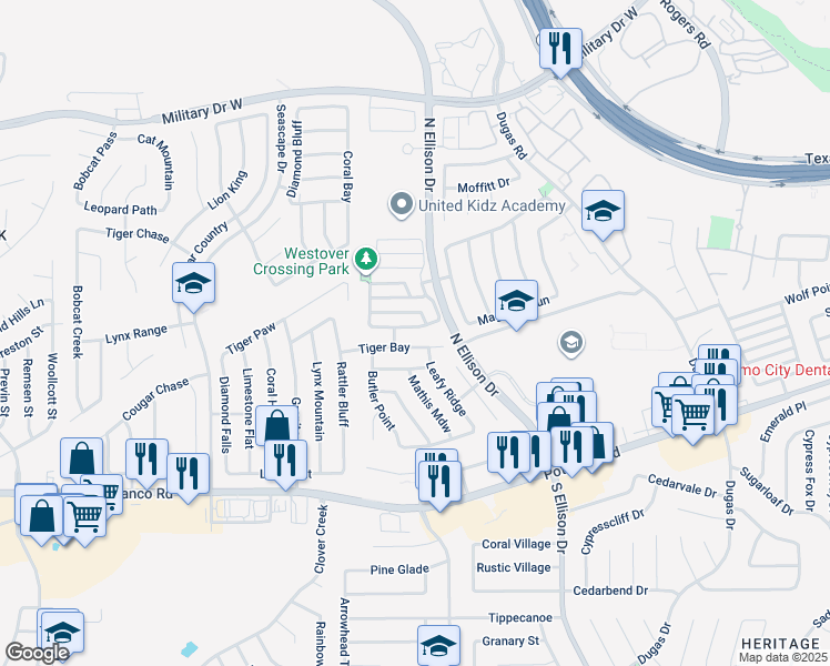 map of restaurants, bars, coffee shops, grocery stores, and more near 10122 Tiger Bay in San Antonio