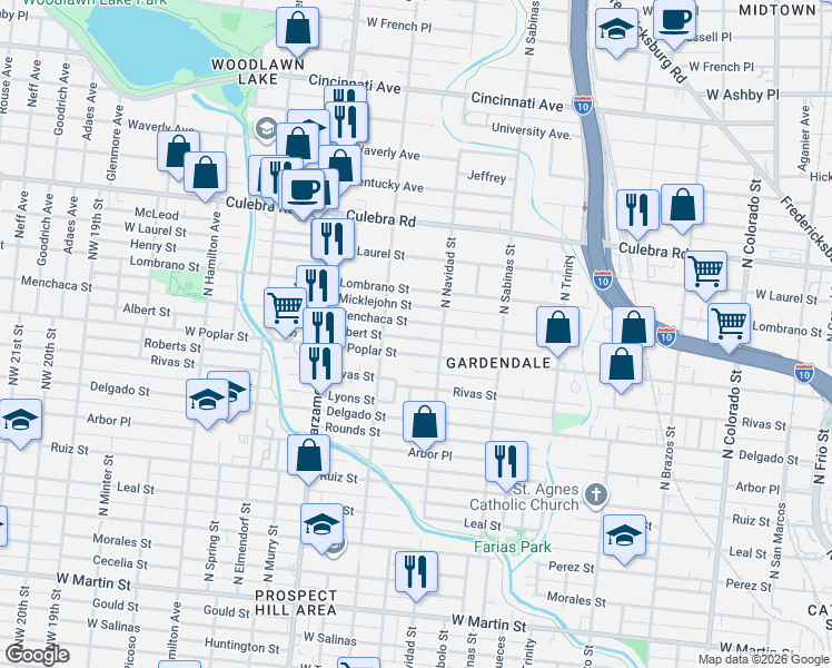 map of restaurants, bars, coffee shops, grocery stores, and more near 1911 West Poplar Street in San Antonio