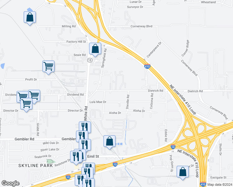 map of restaurants, bars, coffee shops, grocery stores, and more near 235 Lula Mae in San Antonio