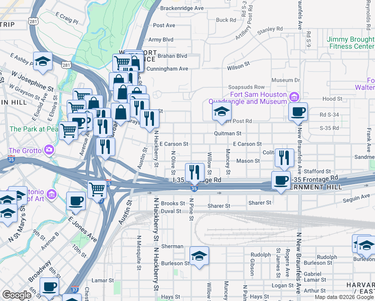 map of restaurants, bars, coffee shops, grocery stores, and more near 329 Mason Street in San Antonio