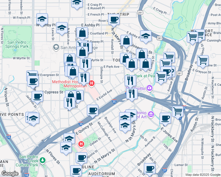 map of restaurants, bars, coffee shops, grocery stores, and more near 623 East Euclid Avenue in San Antonio