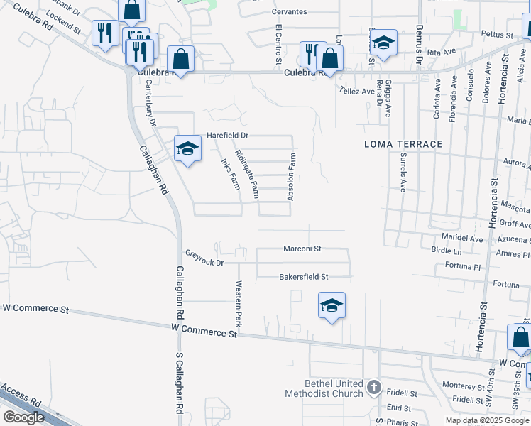 map of restaurants, bars, coffee shops, grocery stores, and more near 5435 Rubidoux Drive in San Antonio