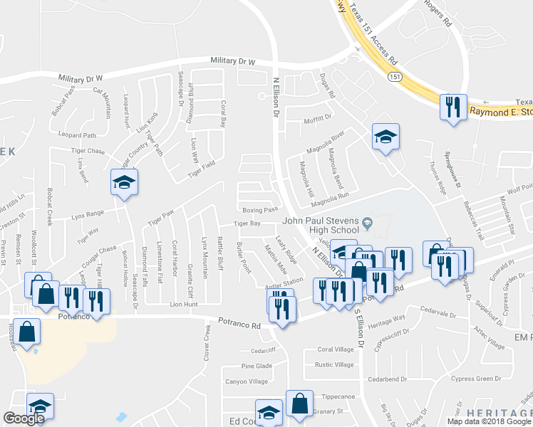 map of restaurants, bars, coffee shops, grocery stores, and more near 10122 Tiger Bay in San Antonio
