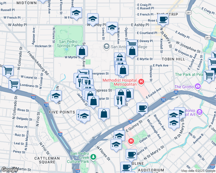 map of restaurants, bars, coffee shops, grocery stores, and more near 509 Howard Street in San Antonio