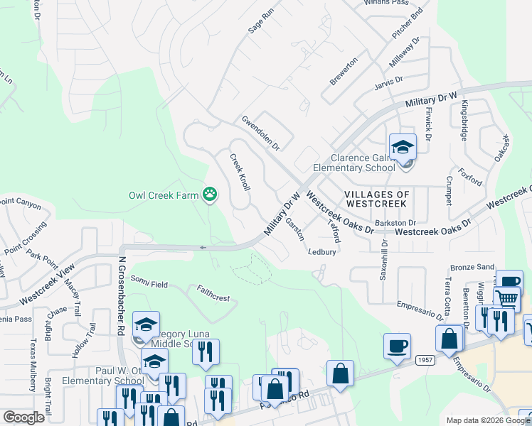 map of restaurants, bars, coffee shops, grocery stores, and more near 803 Creek Pebble in San Antonio