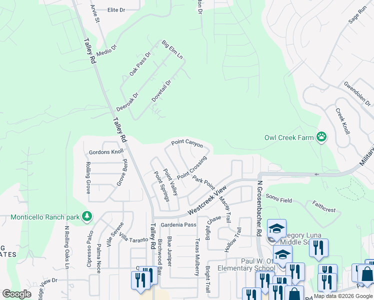 map of restaurants, bars, coffee shops, grocery stores, and more near 726 Park Point in San Antonio