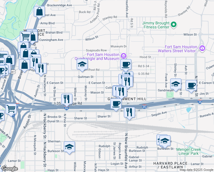 map of restaurants, bars, coffee shops, grocery stores, and more near 719 Mason Street in San Antonio