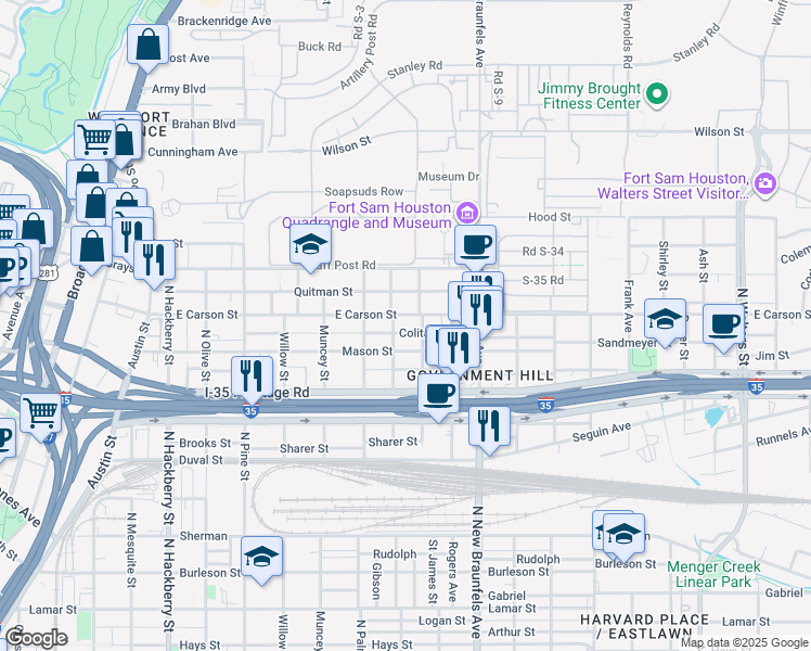 map of restaurants, bars, coffee shops, grocery stores, and more near 719 Mason Street in San Antonio