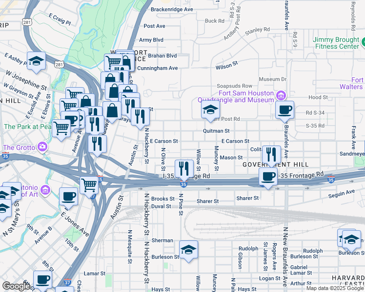 map of restaurants, bars, coffee shops, grocery stores, and more near 329 Mason Street in San Antonio