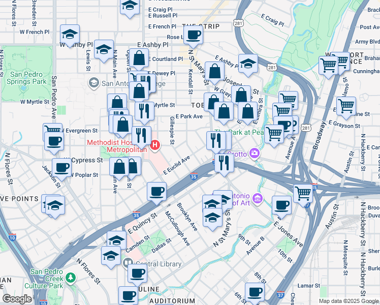 map of restaurants, bars, coffee shops, grocery stores, and more near 623 East Euclid Avenue in San Antonio