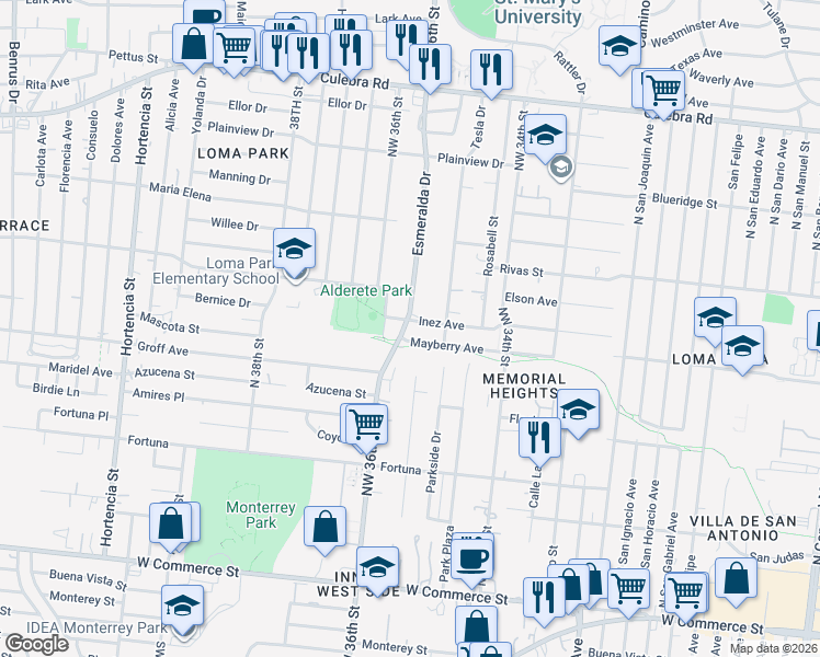 map of restaurants, bars, coffee shops, grocery stores, and more near 448 Mayberry Avenue in San Antonio