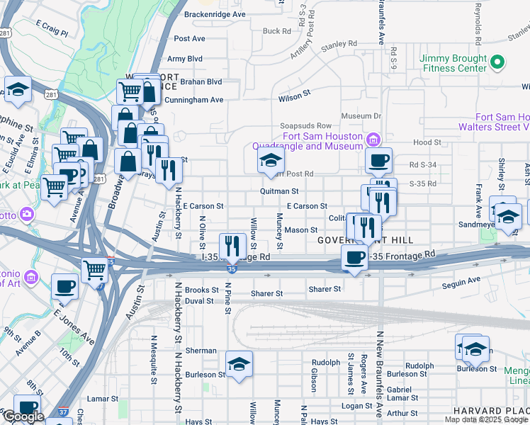 map of restaurants, bars, coffee shops, grocery stores, and more near 529 Mason Street in San Antonio