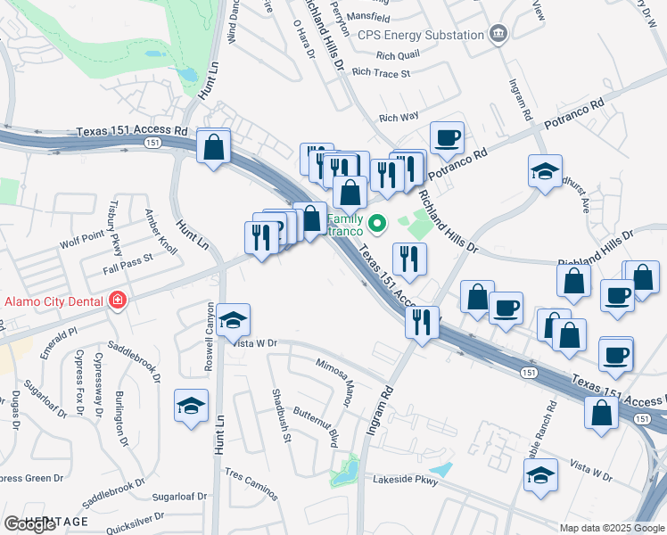 map of restaurants, bars, coffee shops, grocery stores, and more near 8762 Texas 151 Access Road in San Antonio