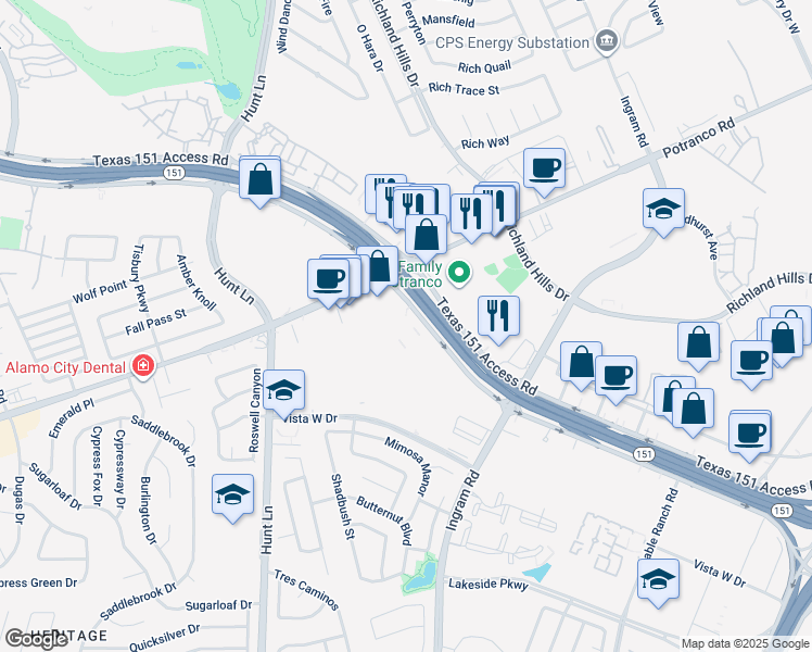 map of restaurants, bars, coffee shops, grocery stores, and more near 8762 Texas 151 Access Road in San Antonio