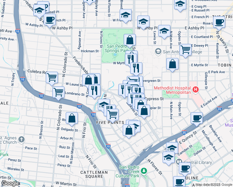 map of restaurants, bars, coffee shops, grocery stores, and more near 711 West Laurel in San Antonio