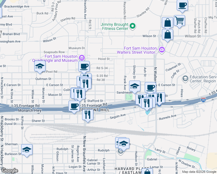 map of restaurants, bars, coffee shops, grocery stores, and more near 1324 East Carson in San Antonio