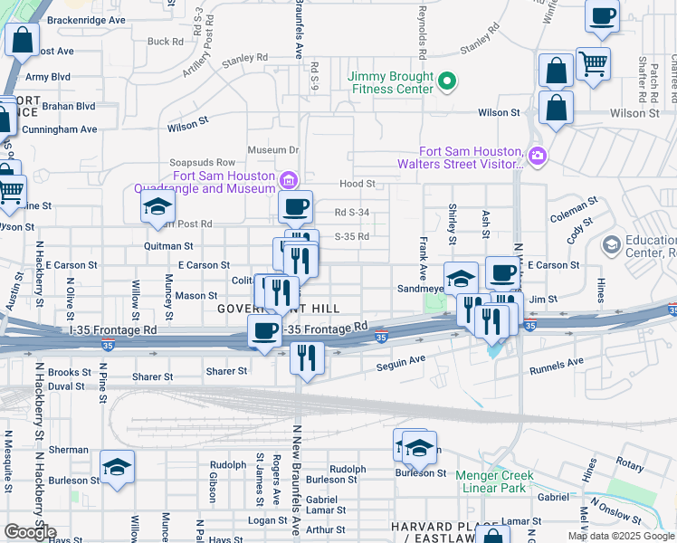 map of restaurants, bars, coffee shops, grocery stores, and more near 2263 Infantry Post Road in San Antonio