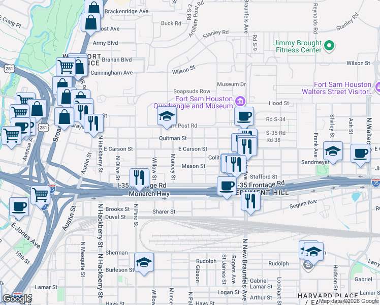 map of restaurants, bars, coffee shops, grocery stores, and more near 1807 North Palmetto in San Antonio