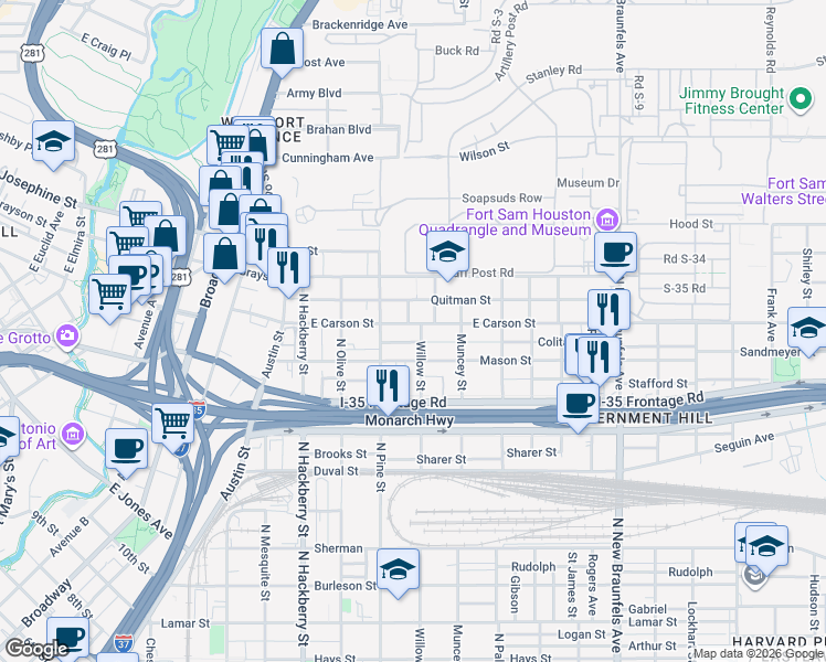 map of restaurants, bars, coffee shops, grocery stores, and more near 110 Muth Street in San Antonio