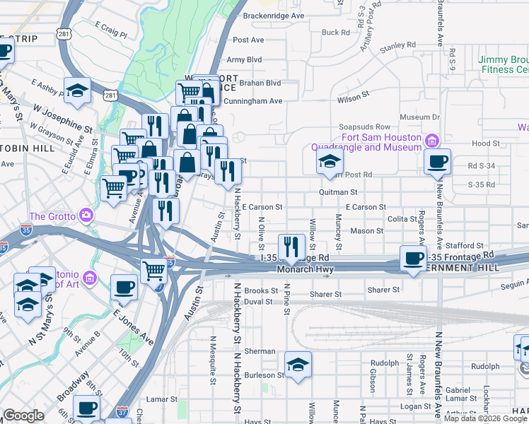 map of restaurants, bars, coffee shops, grocery stores, and more near 1813 North Olive Street in San Antonio