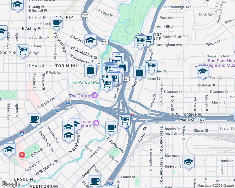map of restaurants, bars, coffee shops, grocery stores, and more near in San Antonio