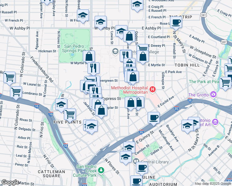 map of restaurants, bars, coffee shops, grocery stores, and more near 601 Howard Street in San Antonio