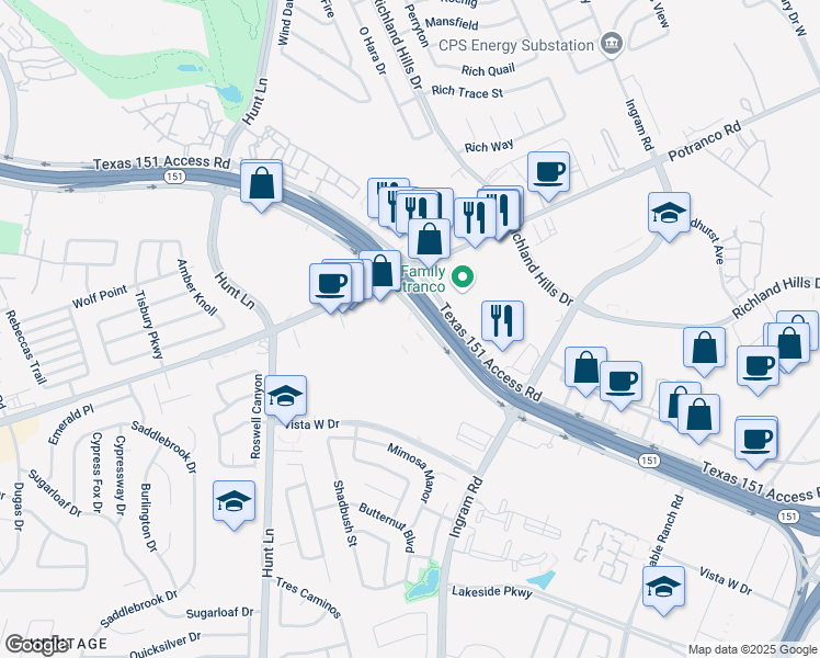 map of restaurants, bars, coffee shops, grocery stores, and more near 8767 Texas 151 Access Road in San Antonio