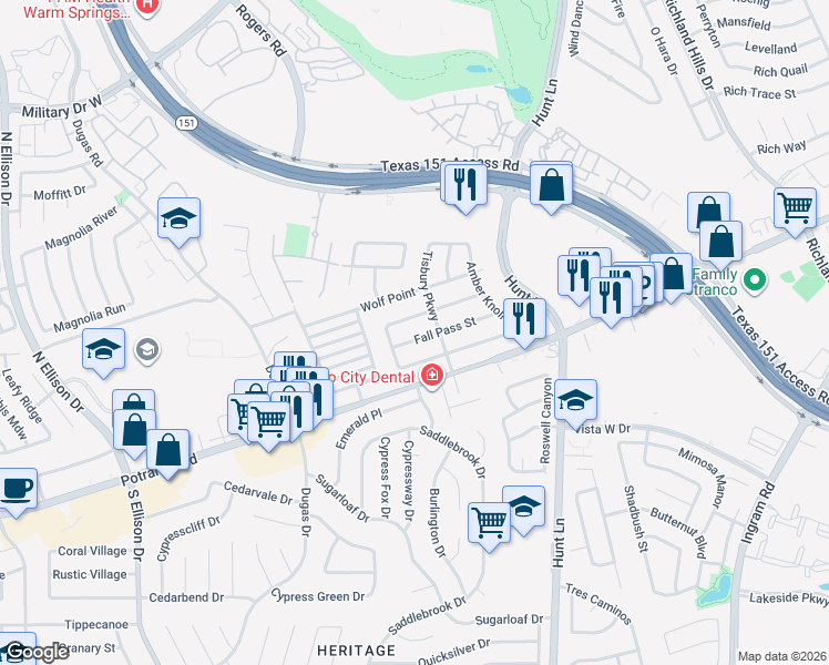map of restaurants, bars, coffee shops, grocery stores, and more near 9519 Sage Terrace in San Antonio
