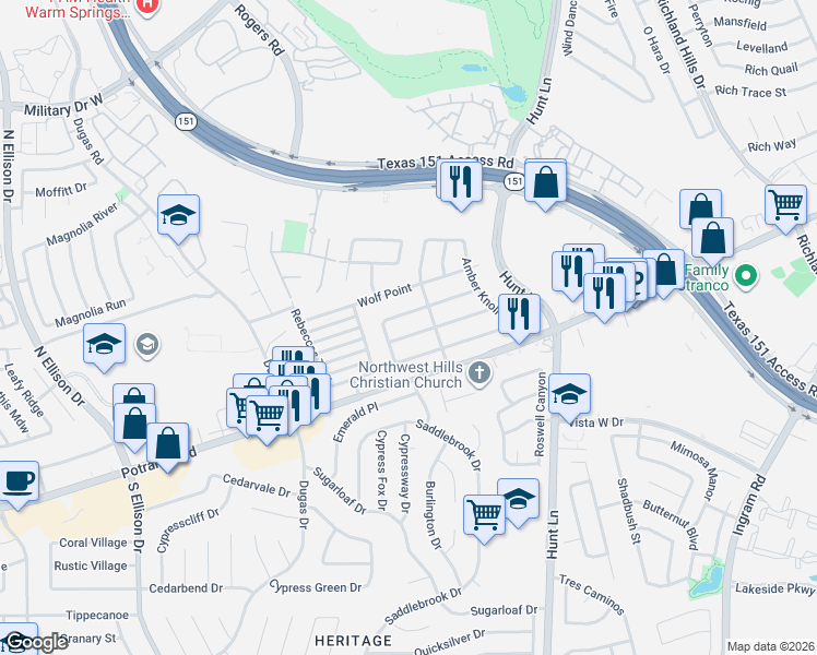 map of restaurants, bars, coffee shops, grocery stores, and more near 9519 Sage Terrace in San Antonio