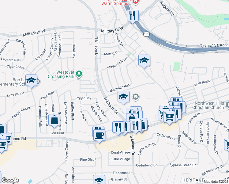 map of restaurants, bars, coffee shops, grocery stores, and more near 911 Magnolia Hill in San Antonio