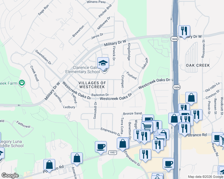 map of restaurants, bars, coffee shops, grocery stores, and more near 1234 Farnsworth Drive in San Antonio