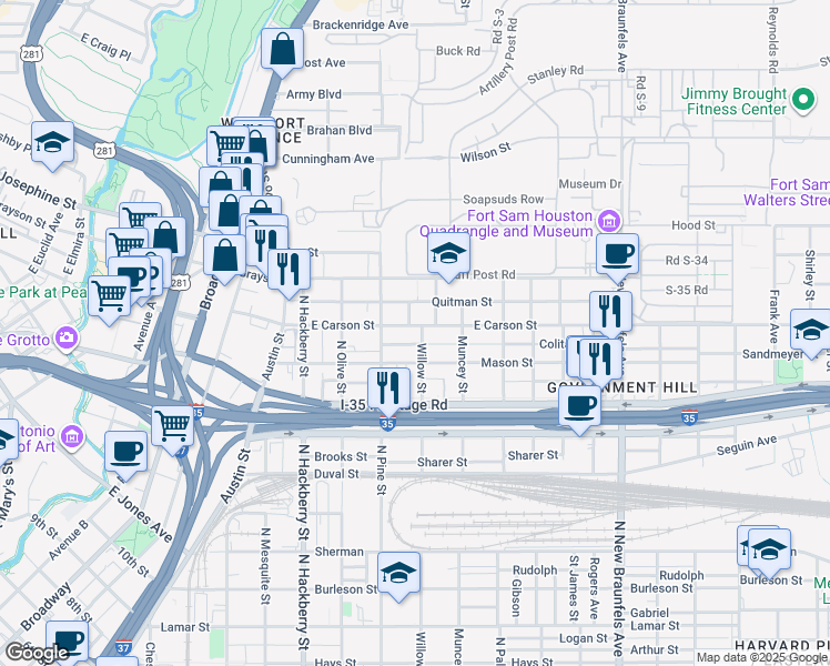 map of restaurants, bars, coffee shops, grocery stores, and more near 110 Muth Street in San Antonio