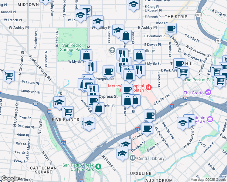 map of restaurants, bars, coffee shops, grocery stores, and more near 509 Howard Street in San Antonio