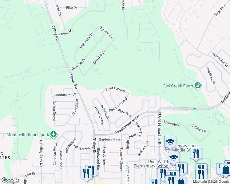 map of restaurants, bars, coffee shops, grocery stores, and more near 12647 Point Canyon in San Antonio