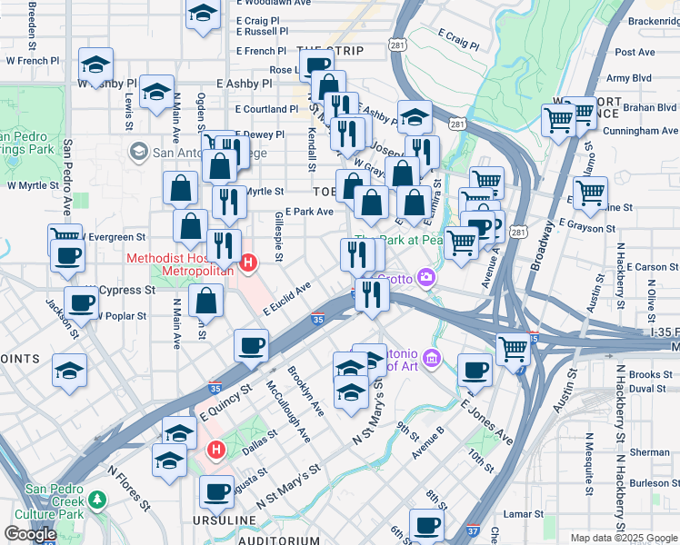 map of restaurants, bars, coffee shops, grocery stores, and more near 820 East Euclid Avenue in San Antonio