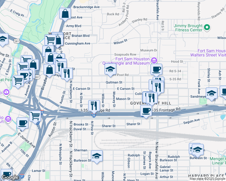 map of restaurants, bars, coffee shops, grocery stores, and more near 538 Quitman Street in San Antonio