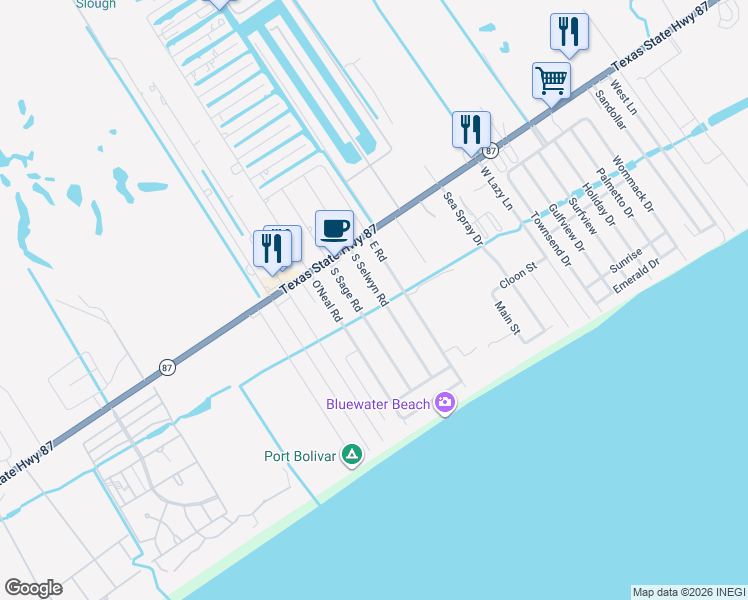 map of restaurants, bars, coffee shops, grocery stores, and more near 975 South Selwyn Road in Bolivar Peninsula