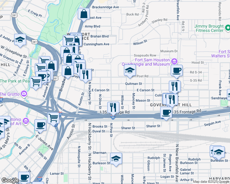 map of restaurants, bars, coffee shops, grocery stores, and more near 410 East Carson in San Antonio