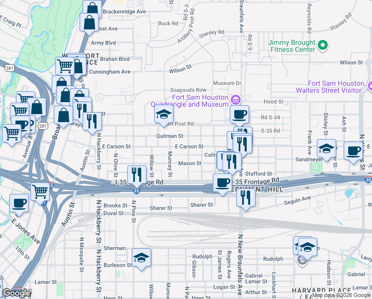 map of restaurants, bars, coffee shops, grocery stores, and more near 1807 North Palmetto in San Antonio