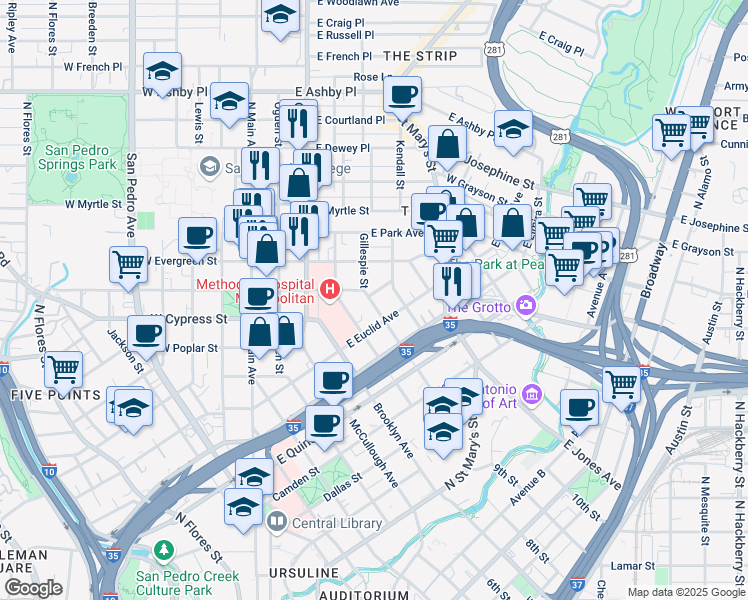 map of restaurants, bars, coffee shops, grocery stores, and more near 513 East Laurel in San Antonio