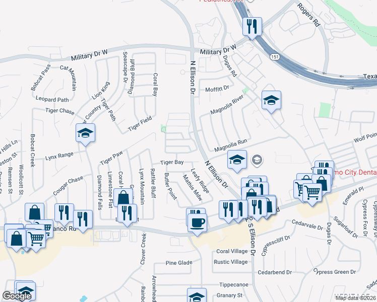 map of restaurants, bars, coffee shops, grocery stores, and more near 834 Barrel Point in San Antonio