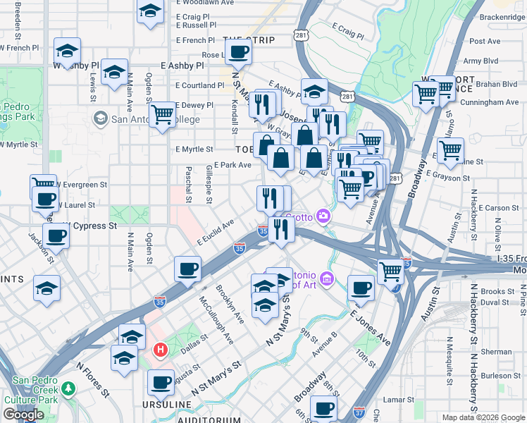 map of restaurants, bars, coffee shops, grocery stores, and more near in San Antonio