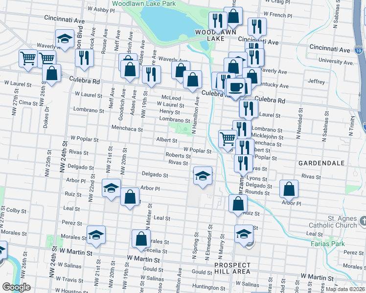 map of restaurants, bars, coffee shops, grocery stores, and more near 1226 Northwest 18th Street in San Antonio