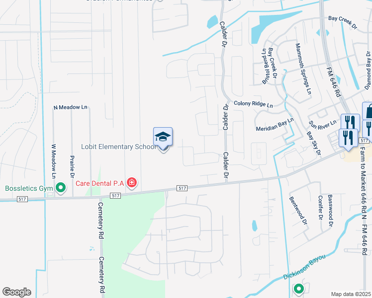 map of restaurants, bars, coffee shops, grocery stores, and more near 6855 Dogwood Cliff Lane in Dickinson